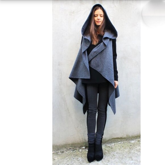 Fraktura Asymmetrical Wool Sleeveless Hooded Cloak Vest Coat Gray Size Medium - Picture 4 of 9